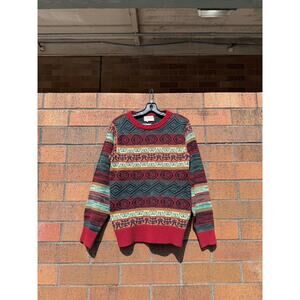 90s Collageman Vintage Geometric Wool Knit Crewneck Sweater Red Multicolor Sears